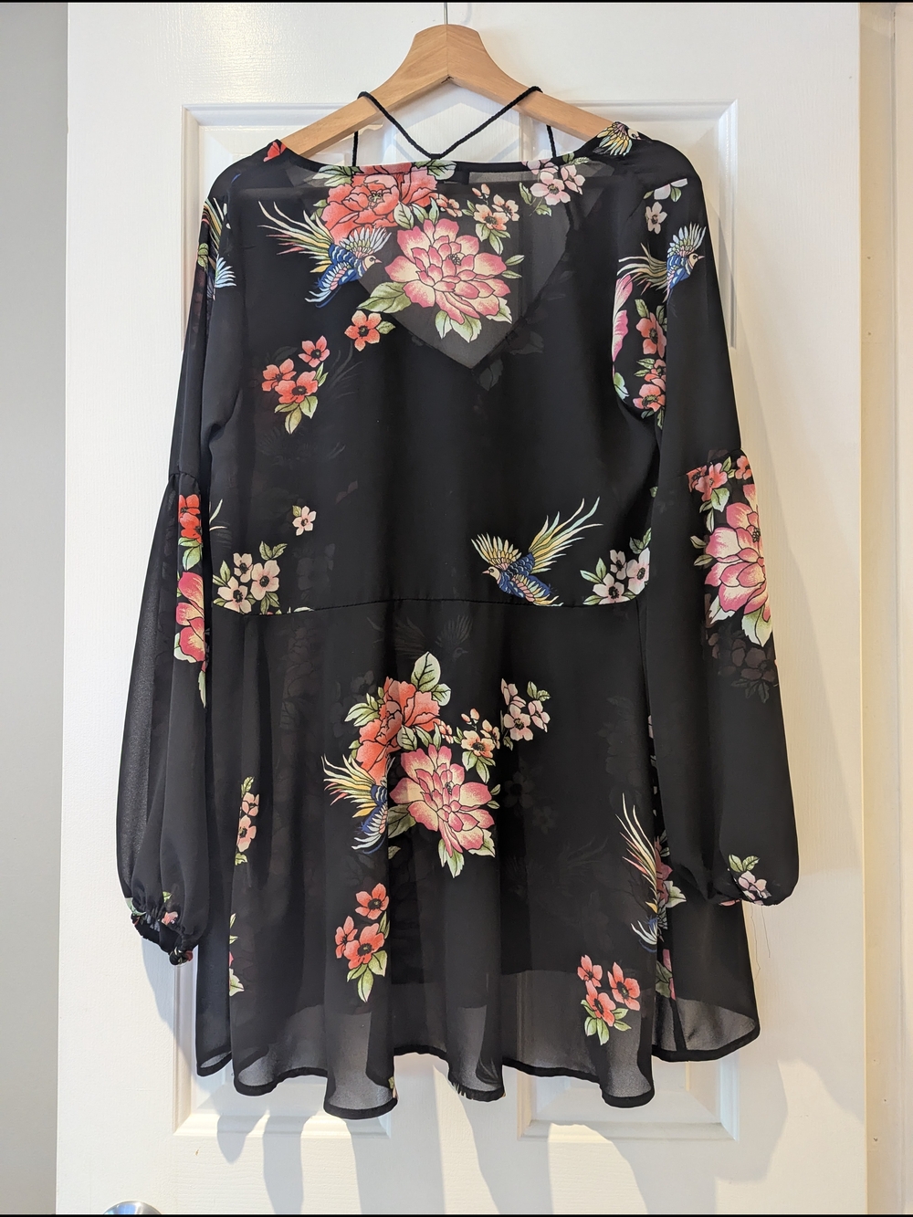 Dark Floral Babydoll Mini Dress Sheer Blouse Boho Whimsigoth Fairycore S/M/L - Picture 12 of 16